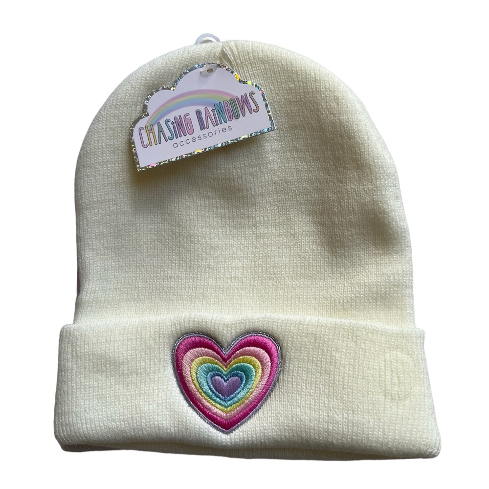 Chasing Rainbows Girl’s Beanie Hat Set Lot Of Two Ivory Lavender Embroidered New
